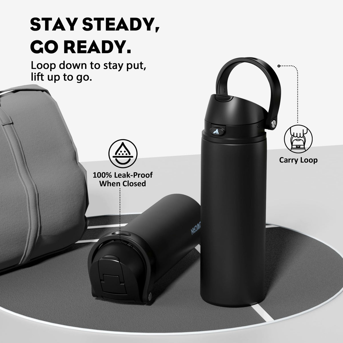 POWCAN 24 oz Insulated Water Bottle: 2-in-1 Push-Button Spout & Quick-Flip Straw, Leakproof, Cold 24Hrs, Fits Car Cup Holder, Stainless Steel Water Bottle for Sports, Travel, School, Gift (Very Black)