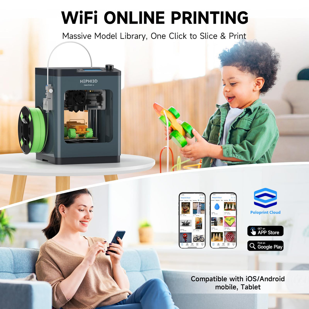 Hephi3d TINA2 Plus 3D Printer for Beginners, Fully Assembled Ready to Print