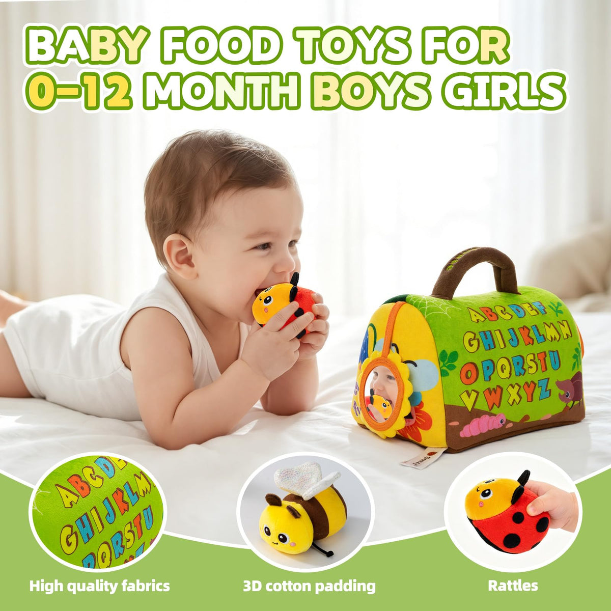 Baby Toys 6-12 Months, Insect House Sensory Toy Set with Rattle, Crinkling Parts and Mirror, Montessori Toy for 1-3, Plush Gift for Boys and Girls(Green)