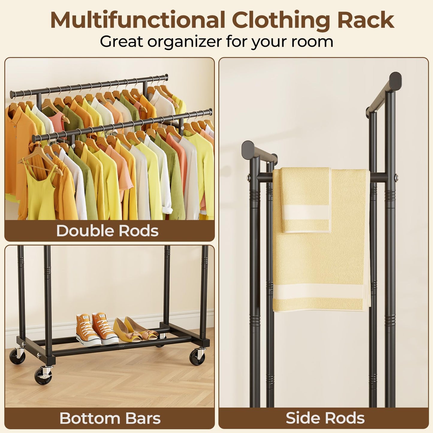 HYSEYY Double Rods Clothes Rack, Rolling Clothing Rack for Hanging Clothes Portable Wardrobe Rack, Metal Garment Rack Sturdy Coat Rack for Bedroom Laundry Living Room, Black
