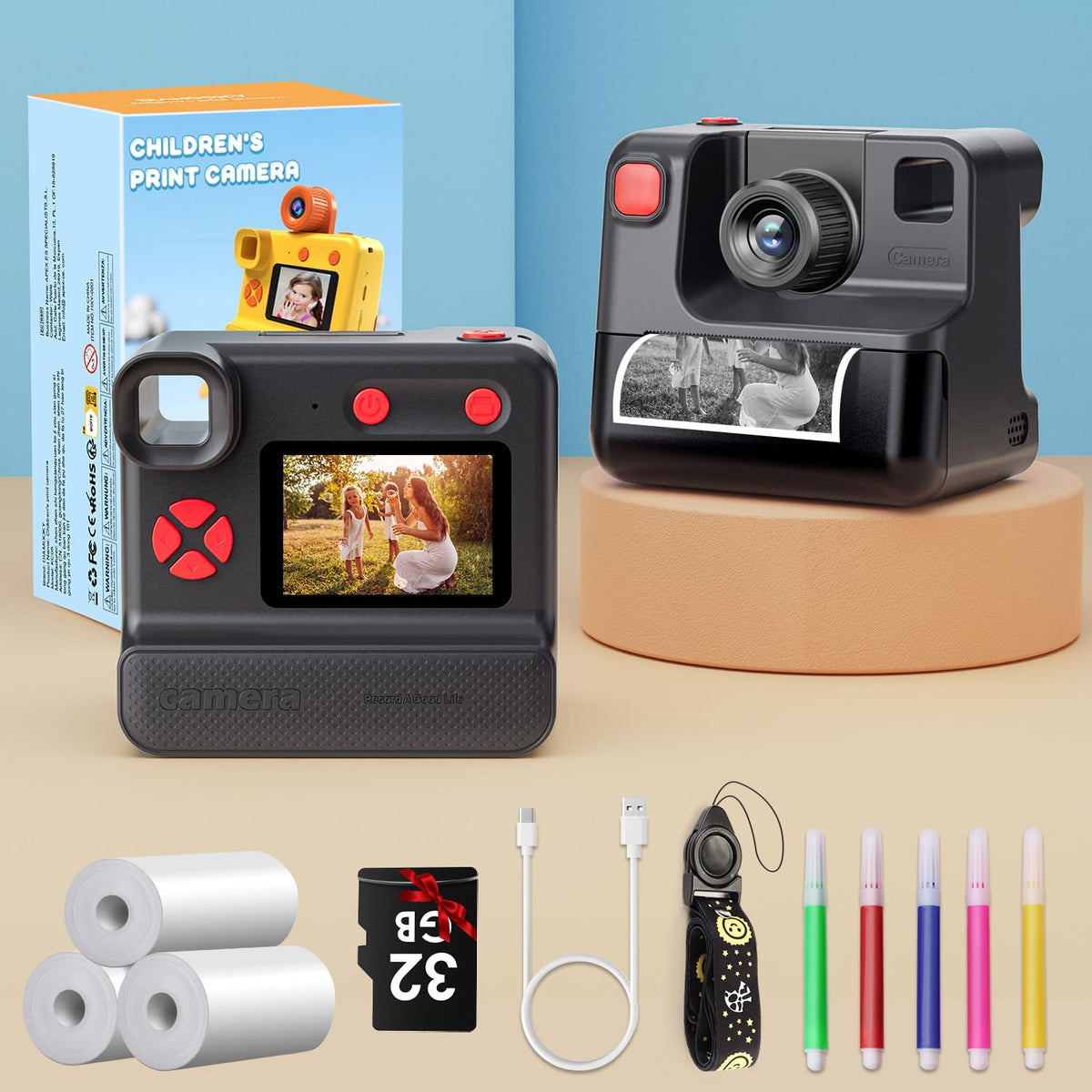 Kids Camera Instant Print, Christmas Birthday Gifts for Girl Boys 3-12 Years Old, FHD Selfie Digital Video Cameras Toddler 3 Rolls Print Paper & 32G Card