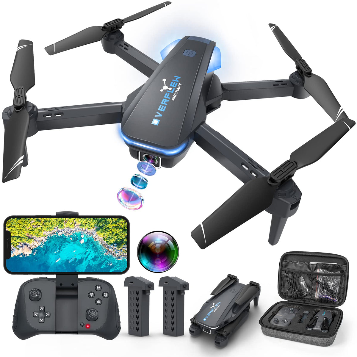 Drone with 1080P Camera for Beginners and Adults, Foldable Remote Control Quadcopter with Voice Control, Gestures Selfie, Altitude Hold, One Key Start, 3D Flips, 2 Batteries, Toy for Beginners