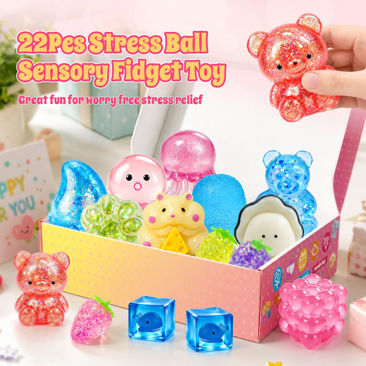 22Pcs Squishy Fun Box, Squishy Toys Kit Fidget Toys for 4-8 8-12
