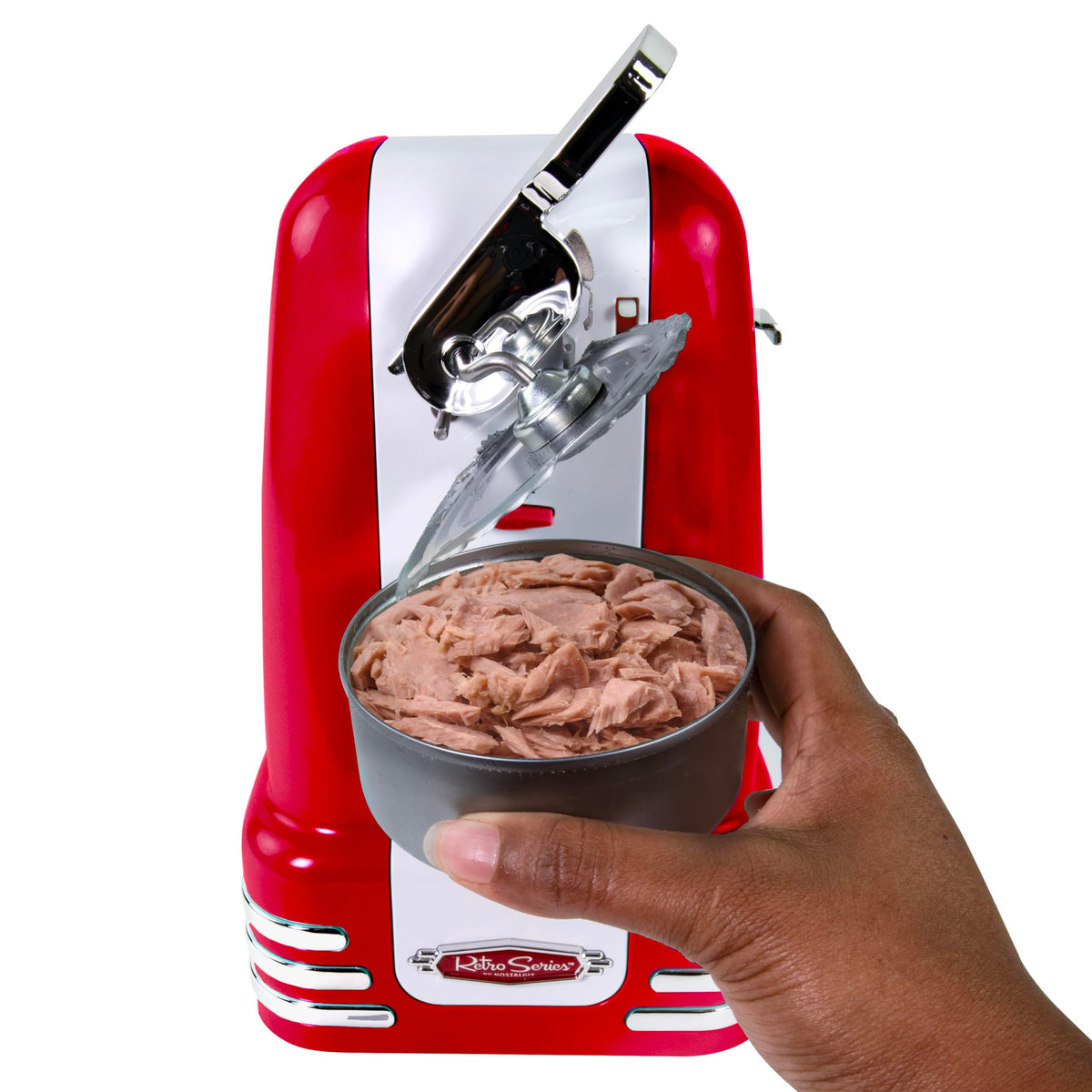 Nostalgia Retro Electric Can Opener for Kitchen with Magnetic Lid Remover, Knife Sharpener, and Soda or Beer Bottle Opener, Red