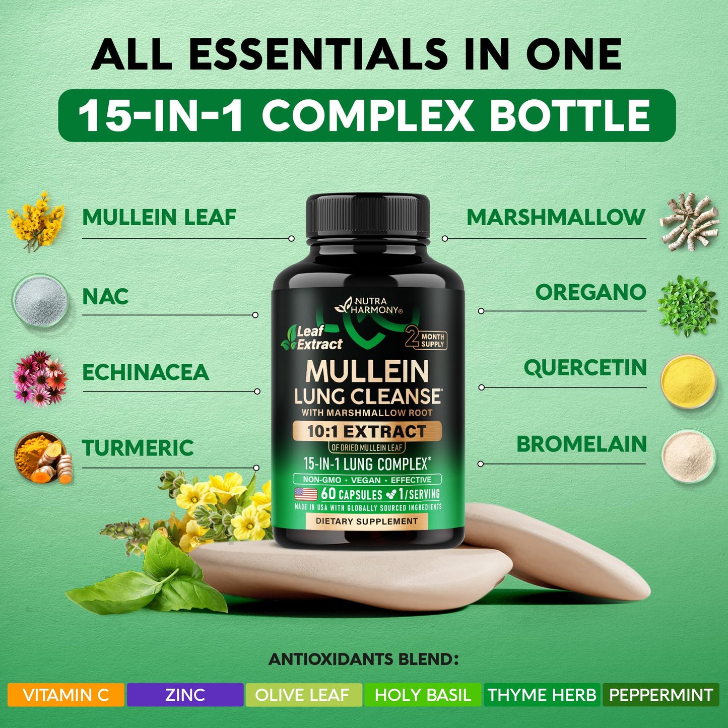 Mullein Lung Detox - Mullein Leaf 10:1 Extract Supplement - 60 Vegan Caps