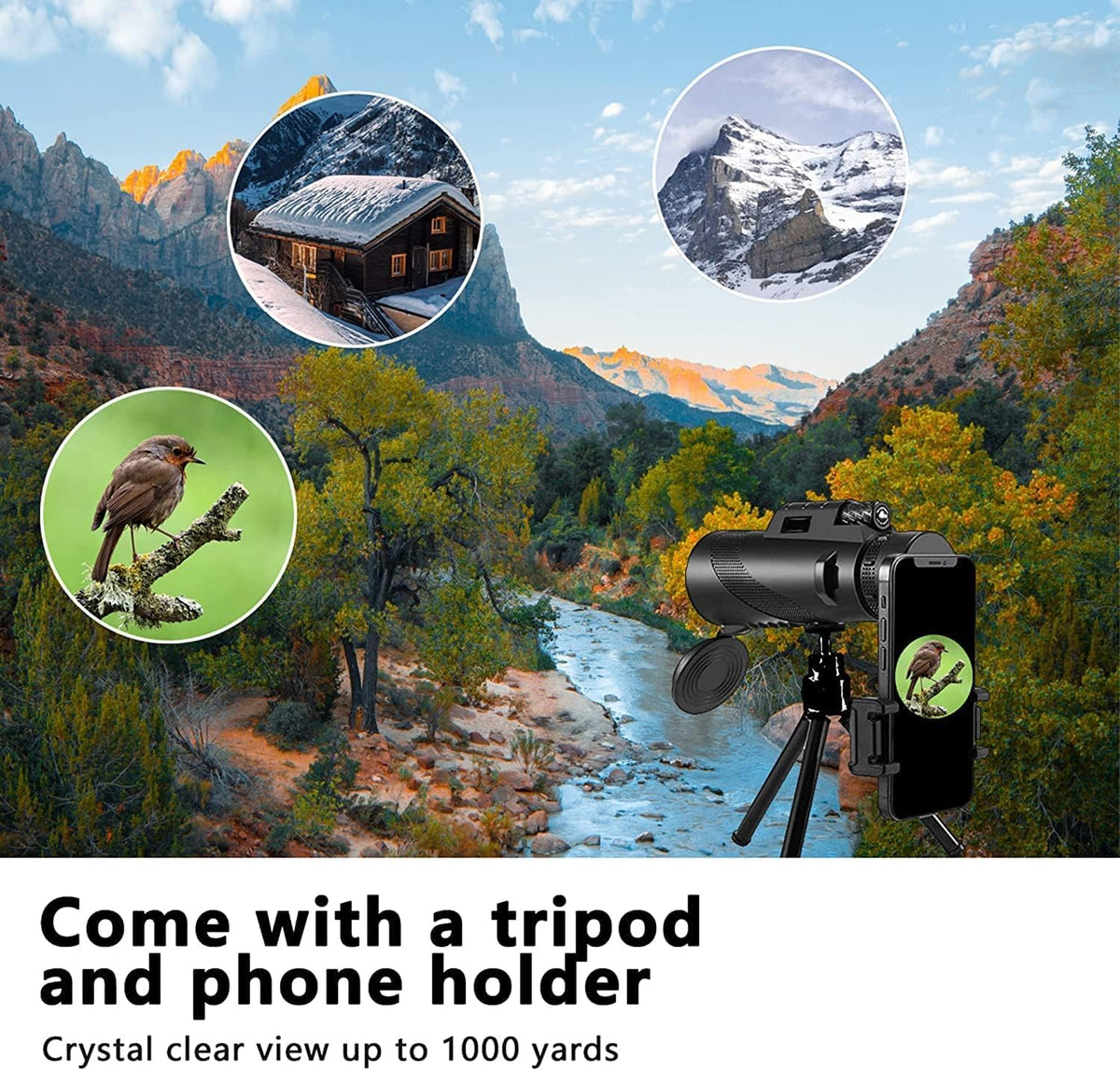 80x100 High‑Powered Monocular Telescope HD Portable Monocular for Adults with Phone Adapter Ideal for Bird Watching Wildlife Travel Camping Hiking‑Black