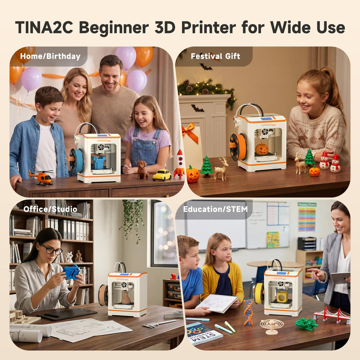 Hephi3d TINA2C 3D Printer for Beginners & Kids with Filament Starter Kit