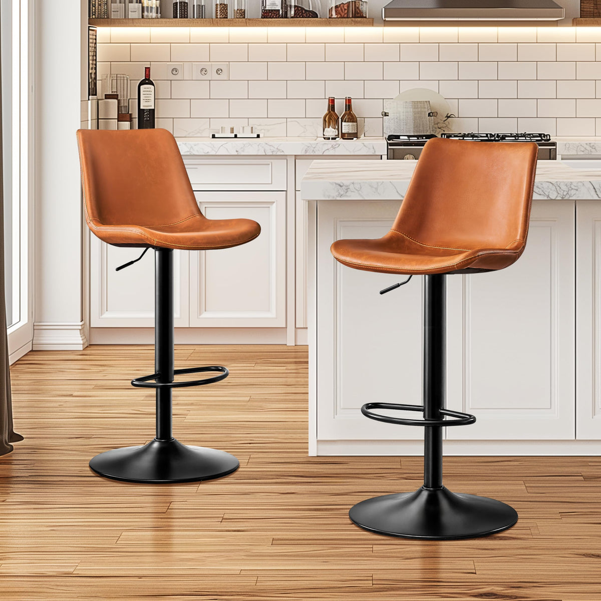 STOOLINK Vintage Bar Stools Set of 2, Crazy Horse Leather Bar Chairs