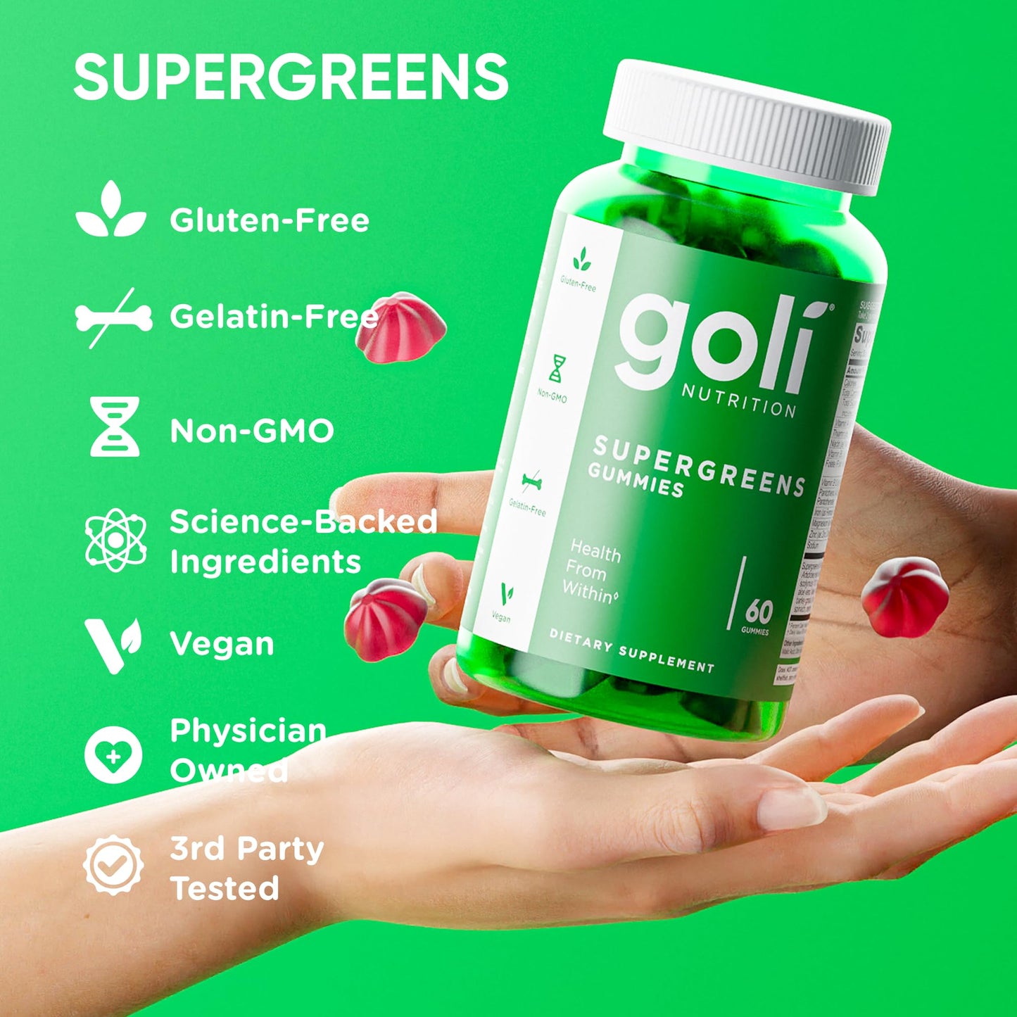 Goli SuperGreen Vitamin Gummy - 60 Count - Essential Vitamins and Minerals - Plant-Based, Vegan, Gluten-Free & Gelatin Free - Health from Within, Pack of 1