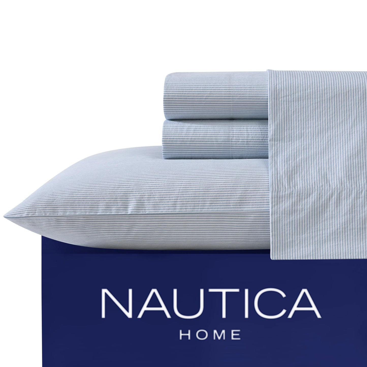 Nautica – Twin XL Size Sheet Set, Crisp Cotton Percale Bedding with Matching Pillowcase, Lightweight & Breathable Bed Sheets, Deep Pocket, College Dorm Room Essentials (Penny Pinstripe Blue)