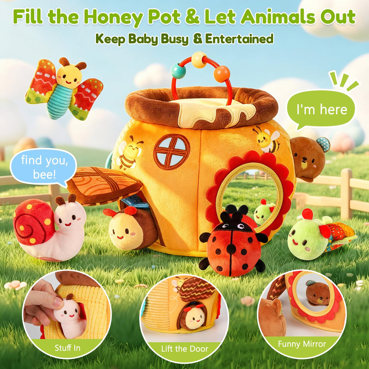 Baby Sensory Toy for 6-12 Months, Soft Honey Jar with 6 Stuffed Animal Toys
