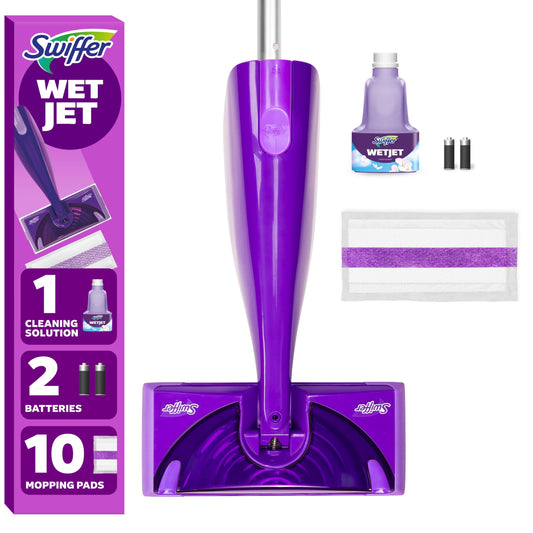 Swiffer WetJet Hardwood and Floor Spray Mop Cleaner Starter Kit, Includes: 1 Power Mop, 10 Pads, Cleaning Solution, Batteries
