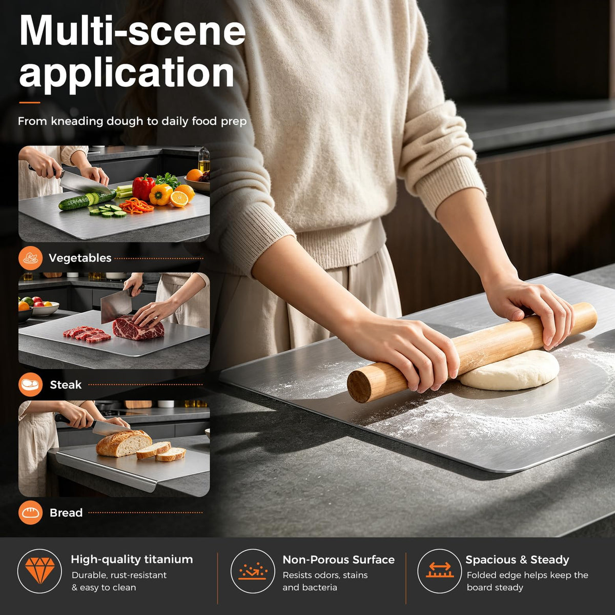Titanium Cutting Boards for Kitchen, Double-sided non-toxic Pure Titanium Cutting Board, Dishwasher Safe Chopping & Kneading Board for Meat, Fruits, Vegetables & Baking,16 * 12