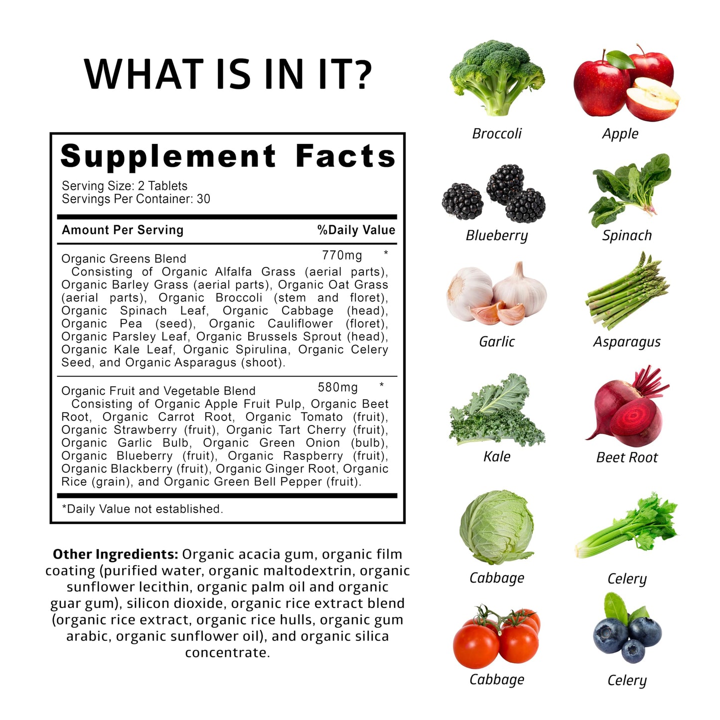USDA Organic Superfood Greens, 28 Ingredients, Vegan, Non-GMO, 60 Tablets