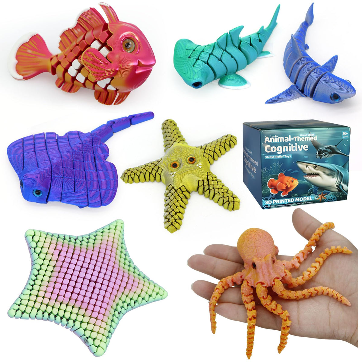 7 Pcs 3D Printed Articulated Fidget Toys, Flexible Sea Creatures Set – Octopus Shark Whale Bioluminescent Starfish Clownfish Ray Starfish for Stress Relief Desk Decoration (Set)