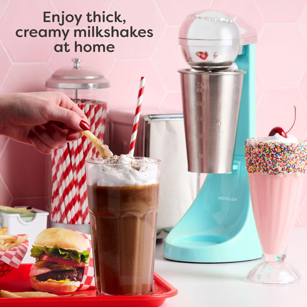 Nostalgia Two-Speed Electric Milkshake Maker and Drink Mixer, Includes 16-Ounce Stainless Steel Mixing Cup and Rod, Aqua