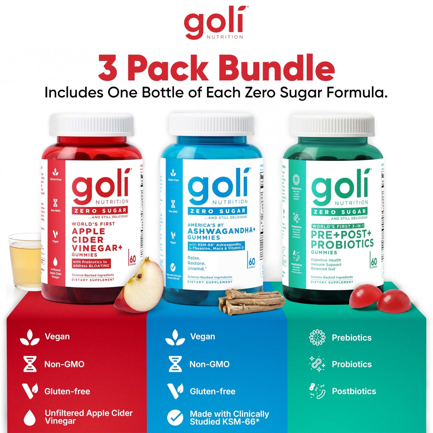 Goli Zero Sugar Trio - World's First 3-in-1 Pre, Post, Probiotic, Apple Cider Vinegar with Vitamin B12 and Probiotics, Ashwagandha & L-Theanine, Vitamin D Gummies, 180 Count (3-Bottle Set)