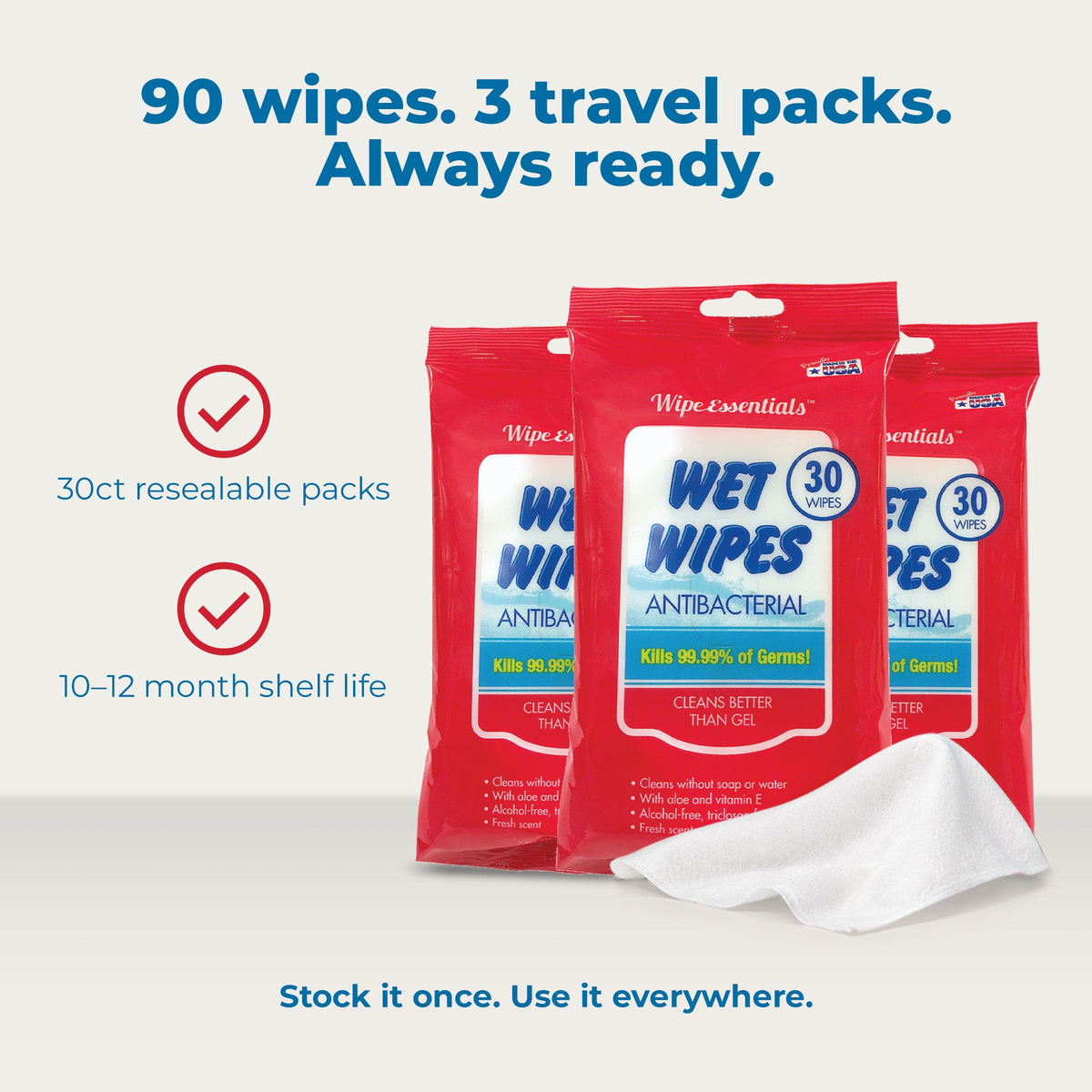 WipeEssentials Hand Sanitizer Wipes for Adults & Kids - 90 Count, 3 Packs