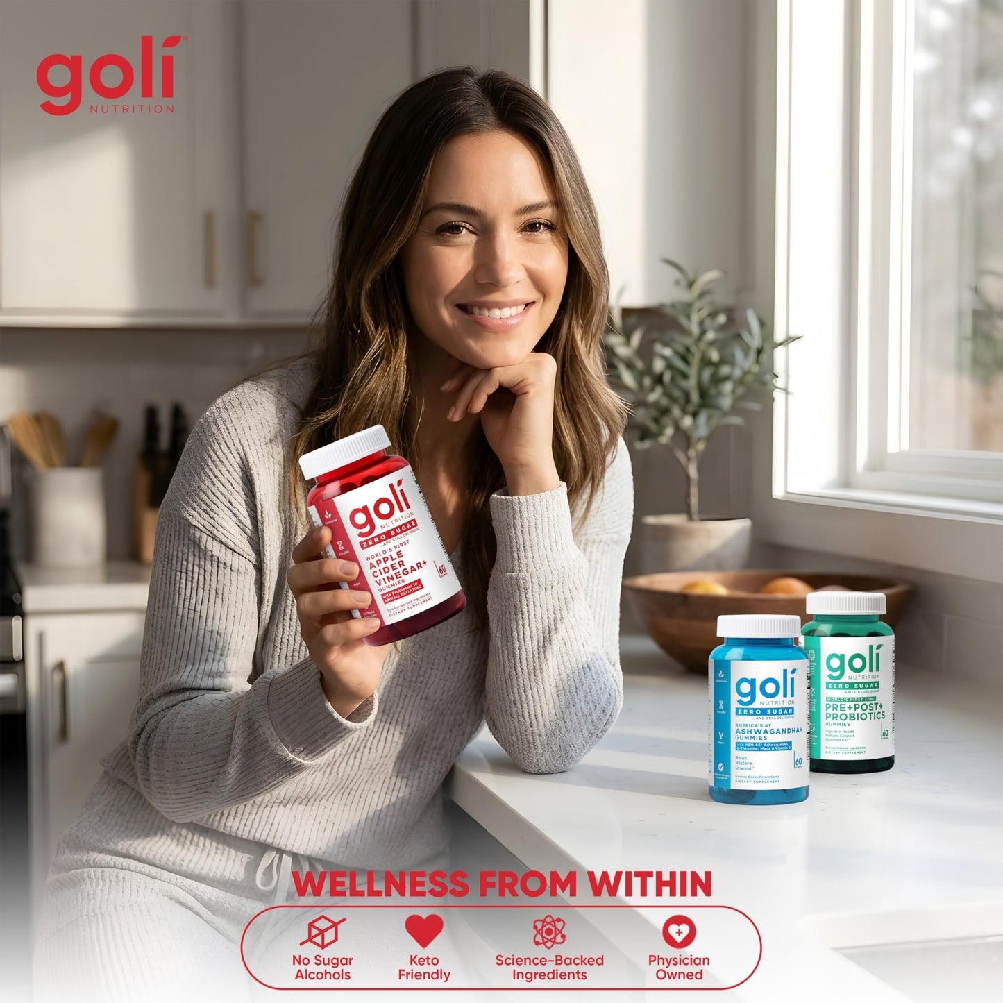 Goli Zero Sugar Trio - World's First 3-in-1 Pre, Post, Probiotic, Apple Cider Vinegar with Vitamin B12 and Probiotics, Ashwagandha & L-Theanine, Vitamin D Gummies, 180 Count (3-Bottle Set)