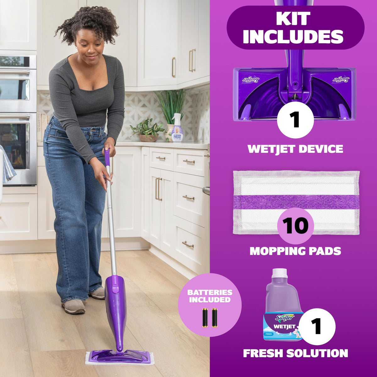 Swiffer WetJet Hardwood and Floor Spray Mop Cleaner Starter Kit, Includes: 1 Power Mop, 10 Pads, Cleaning Solution, Batteries