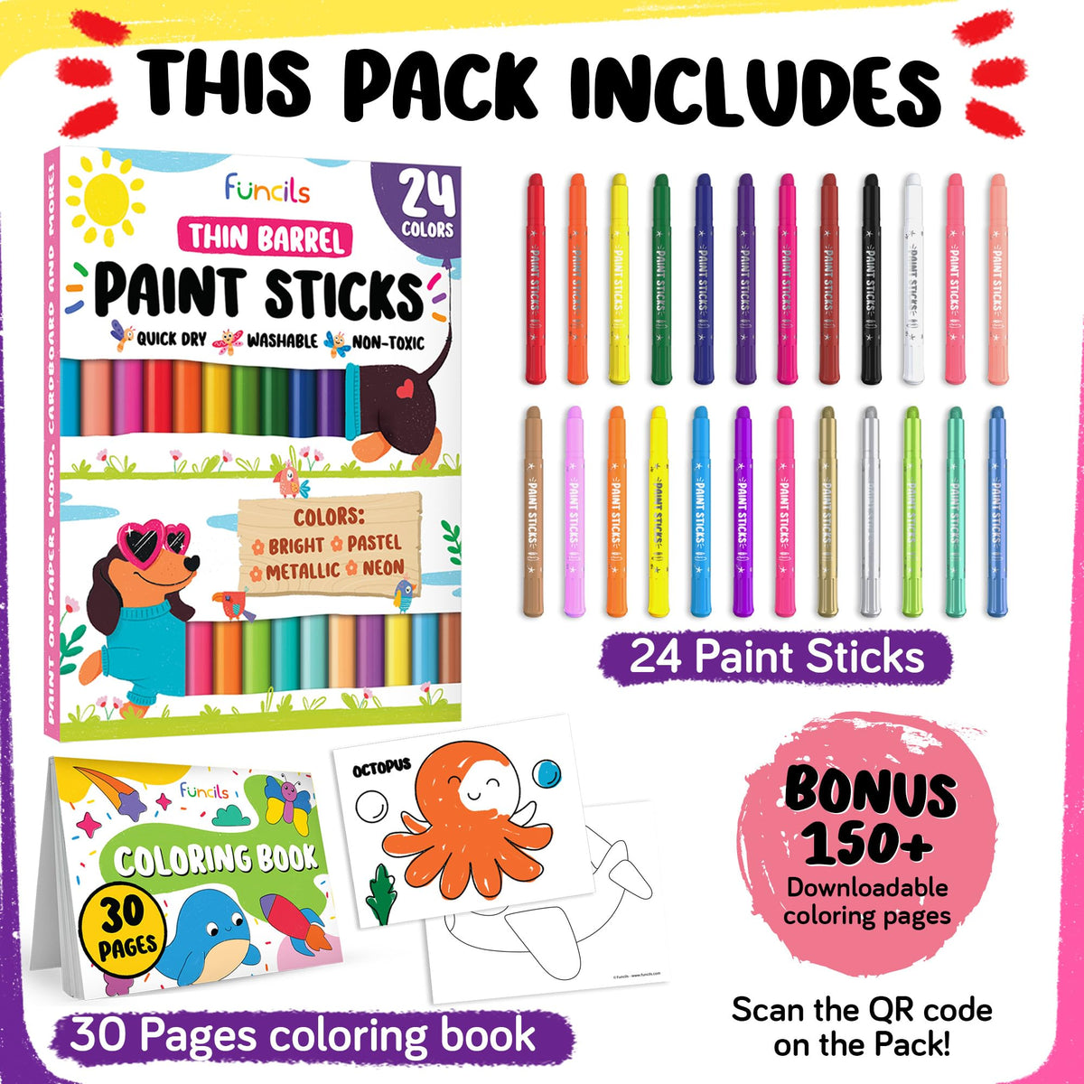 24 Thin Washable Paint Sticks for Kids, Painting Crayons w/Coloring Book