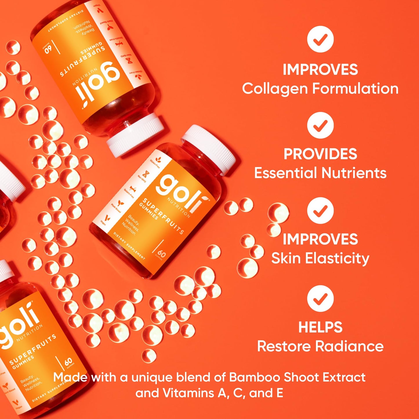 Goli Superfruits Beauty Gummies with Bamboo Silica - Vitamins A, C, E, Zinc - Collagen Support with Superfruit Blend - Vegan, Non-GMO, Gluten-Free