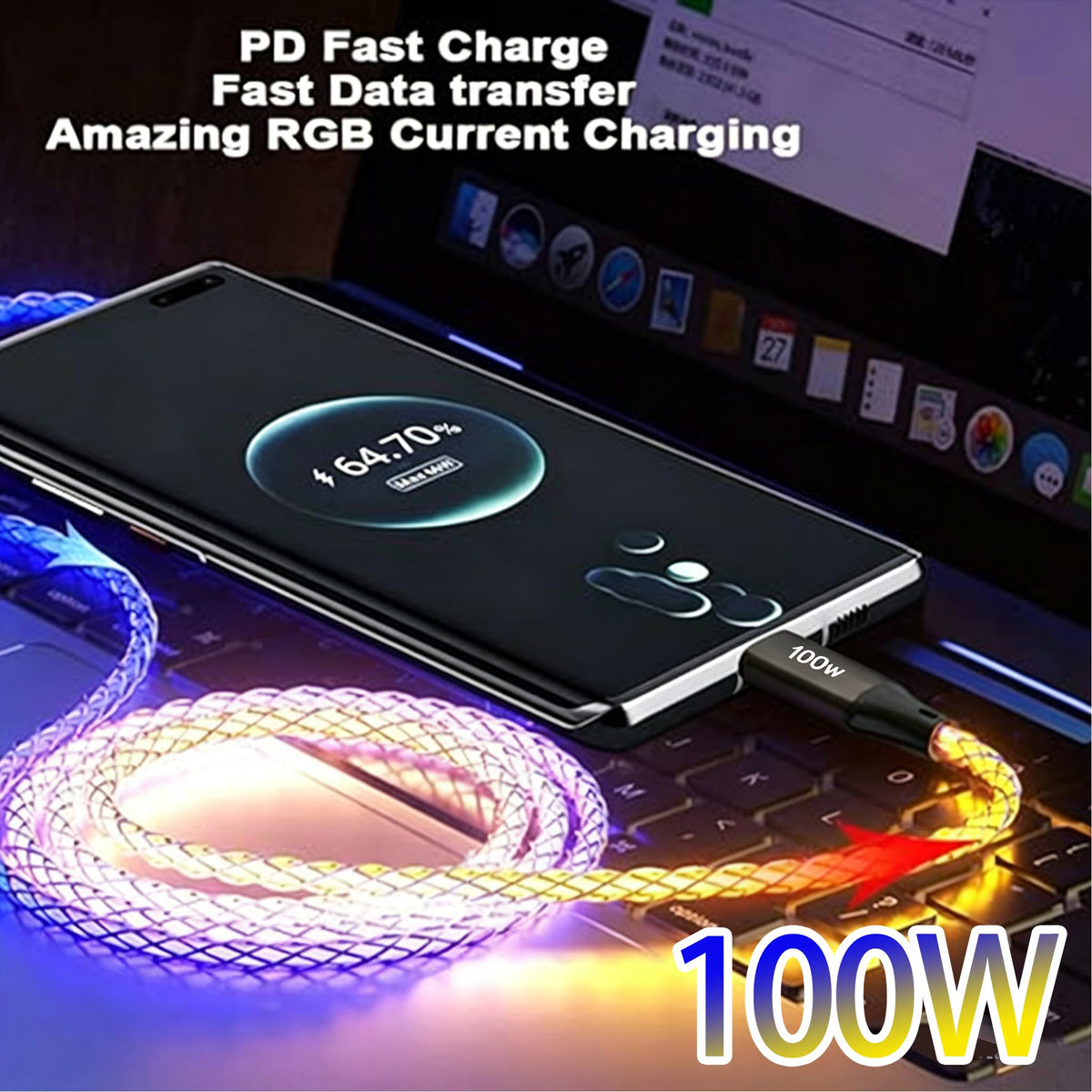 Wuucor 100W LED USB C to USB C Cable, Light Up RGB USB C Charging Cable,Fast Charging Cord for iPhone 15 Pro Max Plus, iPad mini Pro Air, MacBook and Galaxy Note Pixel etc (3.3FT)