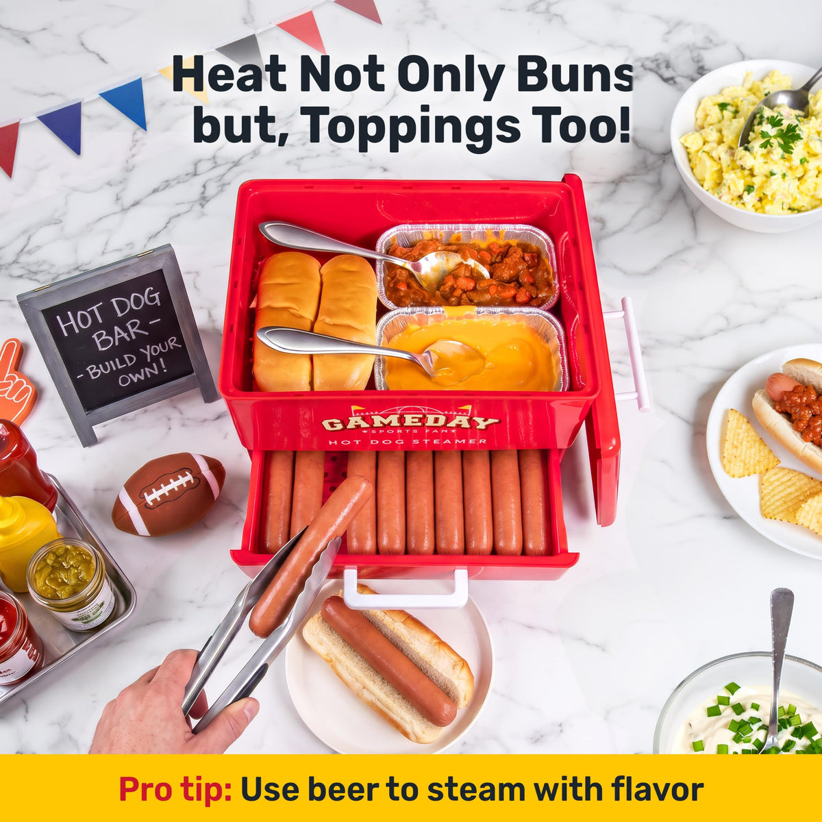 Nostalgia, Game Day Hot Dog Steamer and Bun Warmer, Fits 20 Dogs and 8 Buns, Steams Pot Stickers, Veggies, Potatoes, and Other Appetizers or Toppings