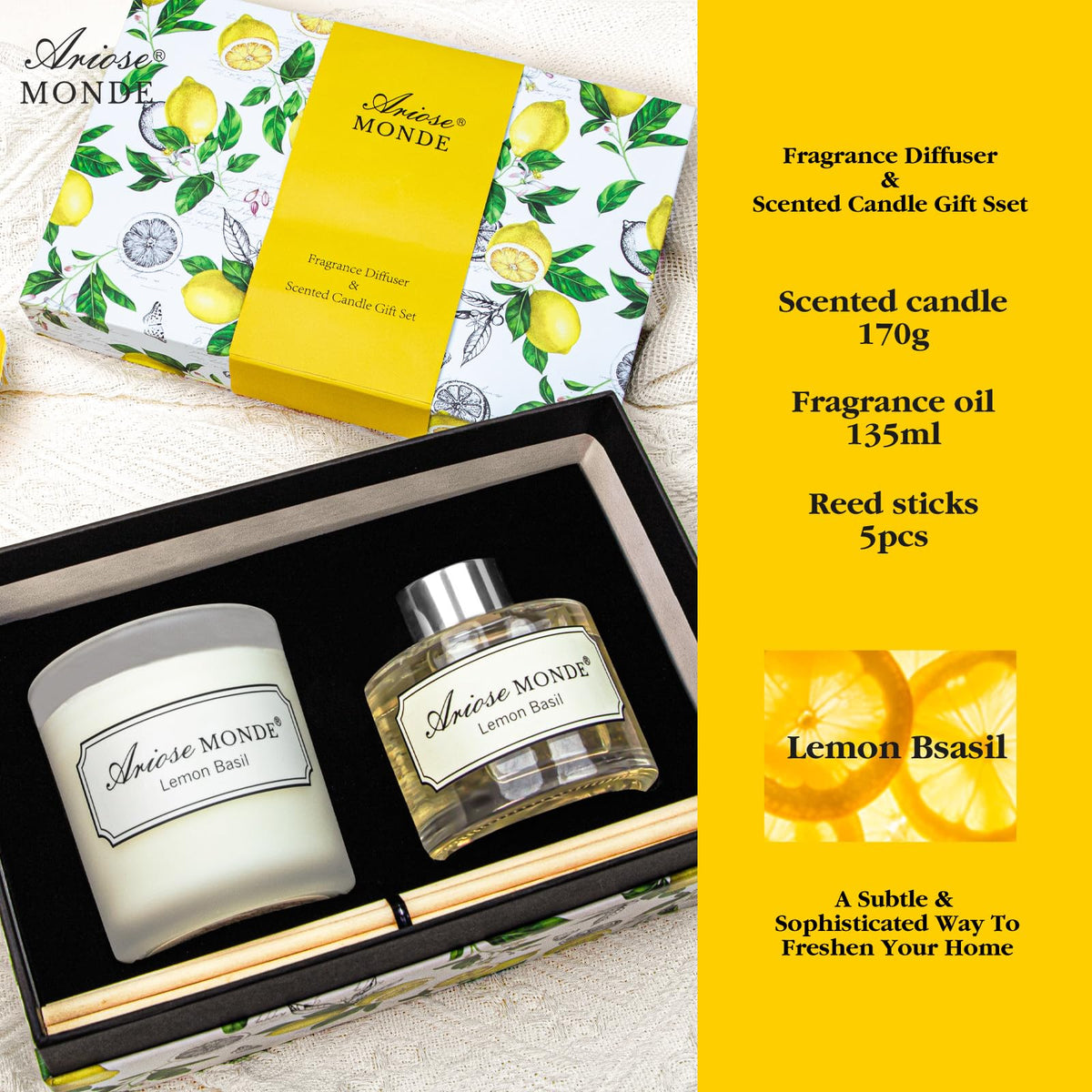 Reed Diffuser & Candle Gift Set, Lemon Oil Diffuser for Bathroom Decor