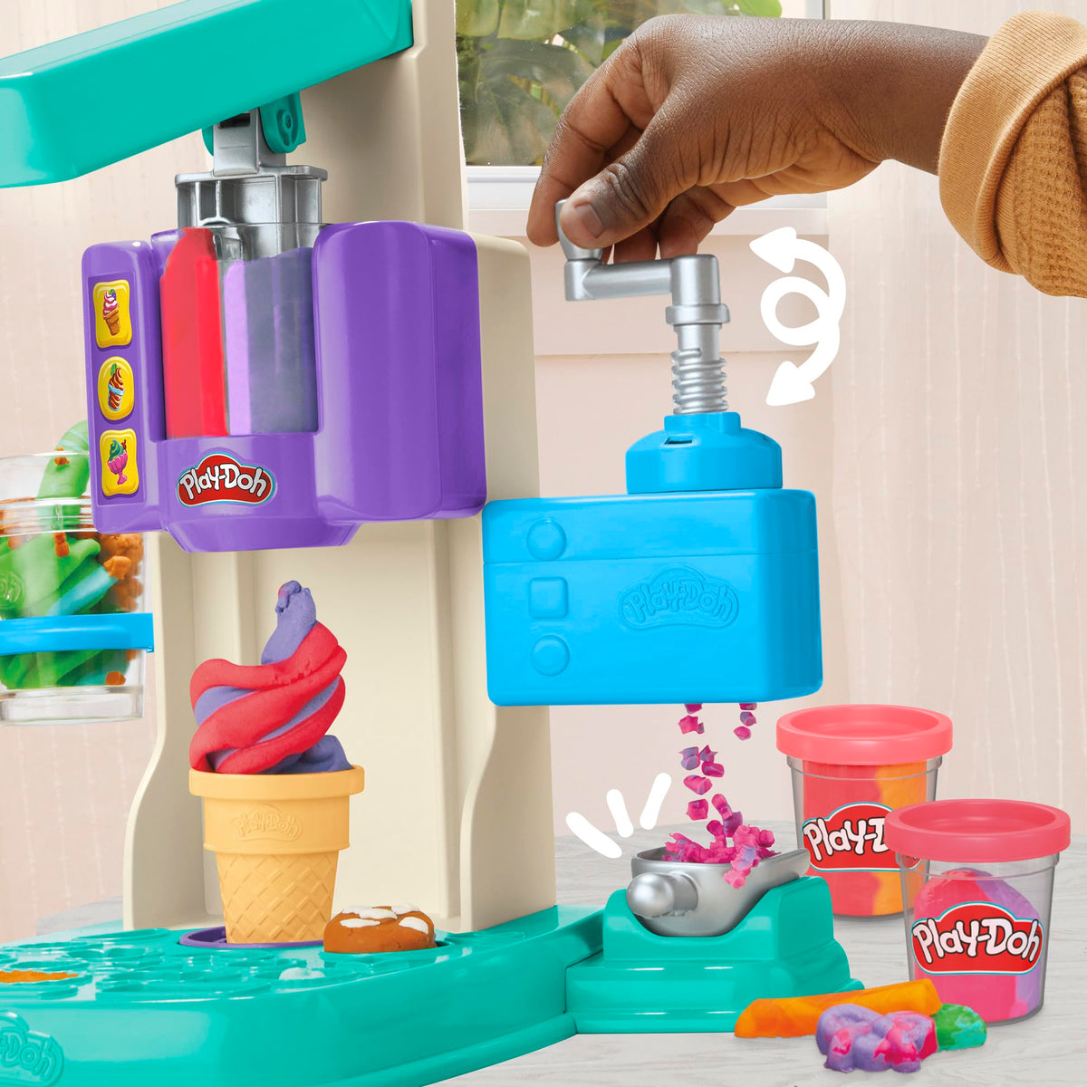 Play-Doh Rainbow Swirl Ice Cream Playset with 7 Pretend Play Kitchen Accessories, Arts and Crafts Toys for 3 Year Old Girls and Boys and Up