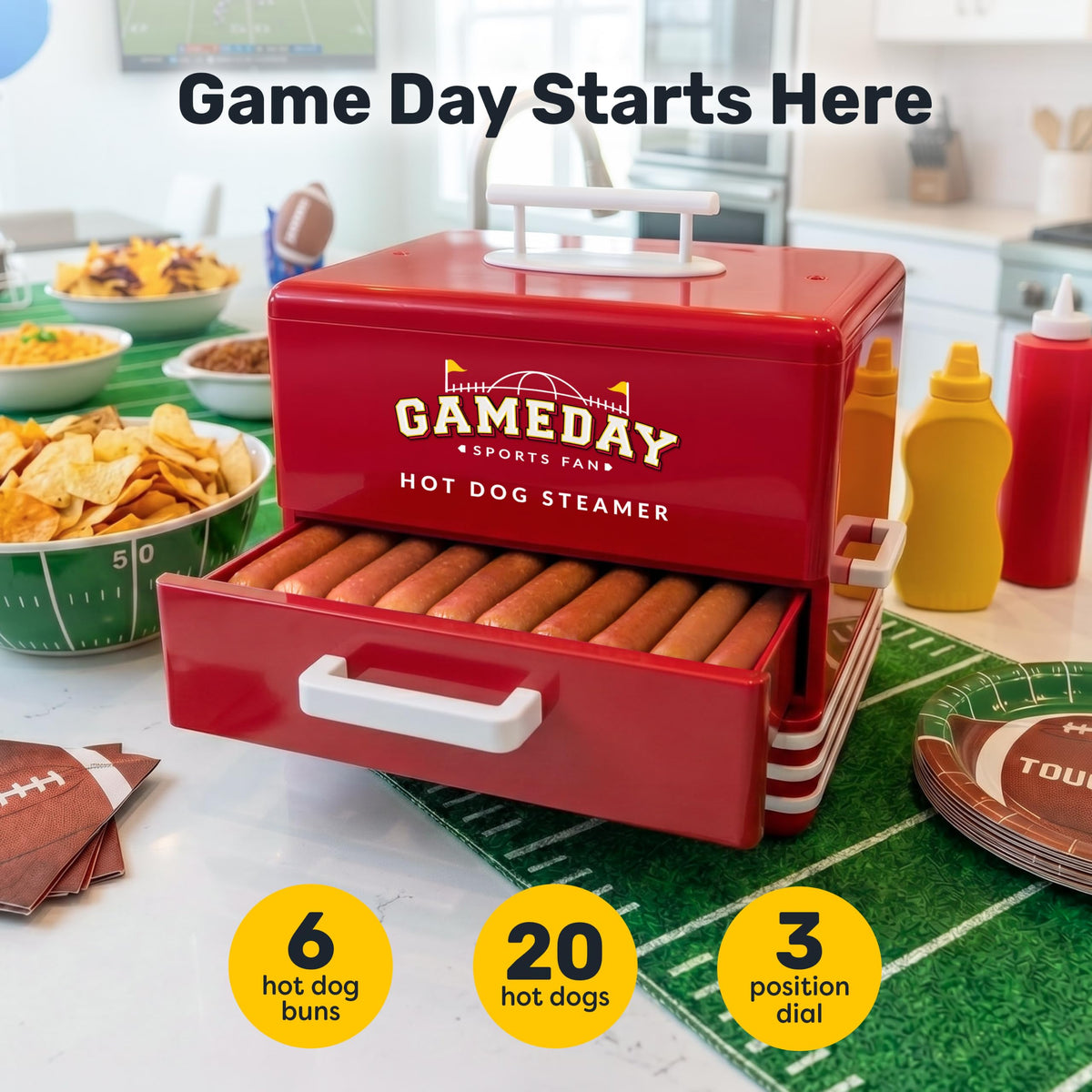 Nostalgia, Game Day Hot Dog Steamer and Bun Warmer, Fits 20 Dogs and 8 Buns, Steams Pot Stickers, Veggies, Potatoes, and Other Appetizers or Toppings