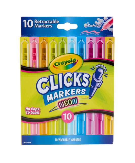 Crayola Clicks Retractable Tip Neon Washable Markers 10ct, School Supplies