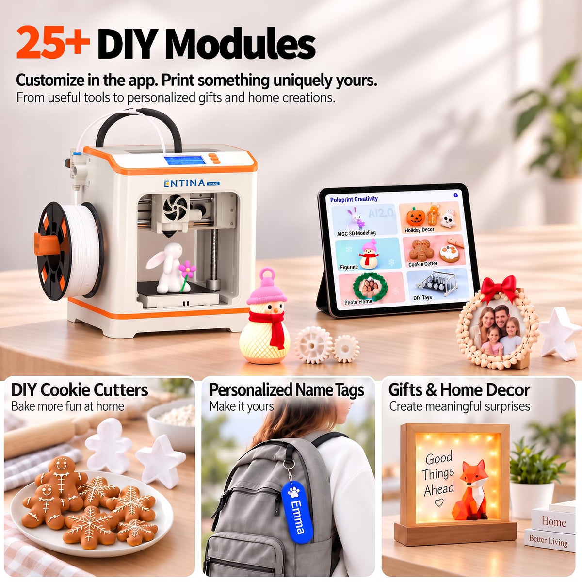 ENTINA Tina2C Mini 3D Printer for Beginners & Kids, Fully Assembled, 5-Minute Setup, Auto Leveling, WiFi & App Control, 3500+ Models Updated Daily, 25+ DIY Modules, Quiet Printing for Home & STEM