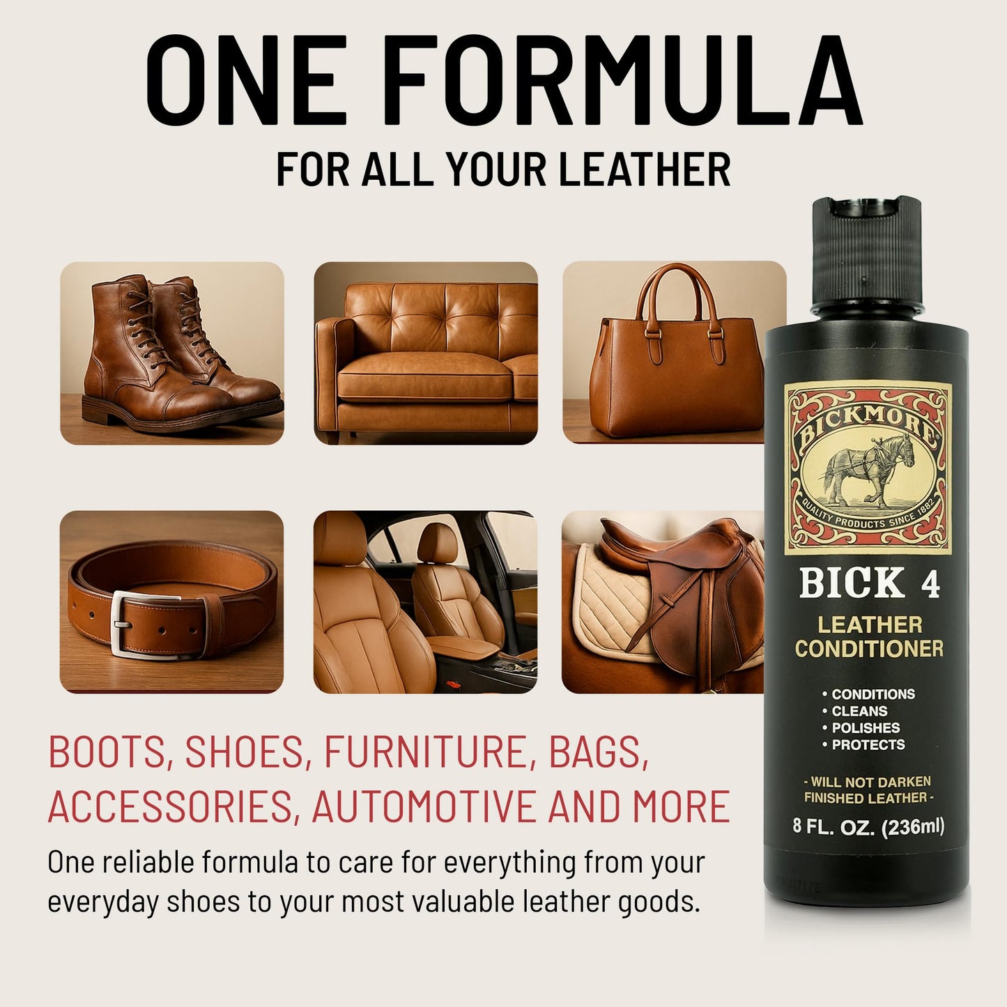 Bick 4 Leather Conditioner & Cleaner, Won't Darken Boots, Couch, Bags 8 oz