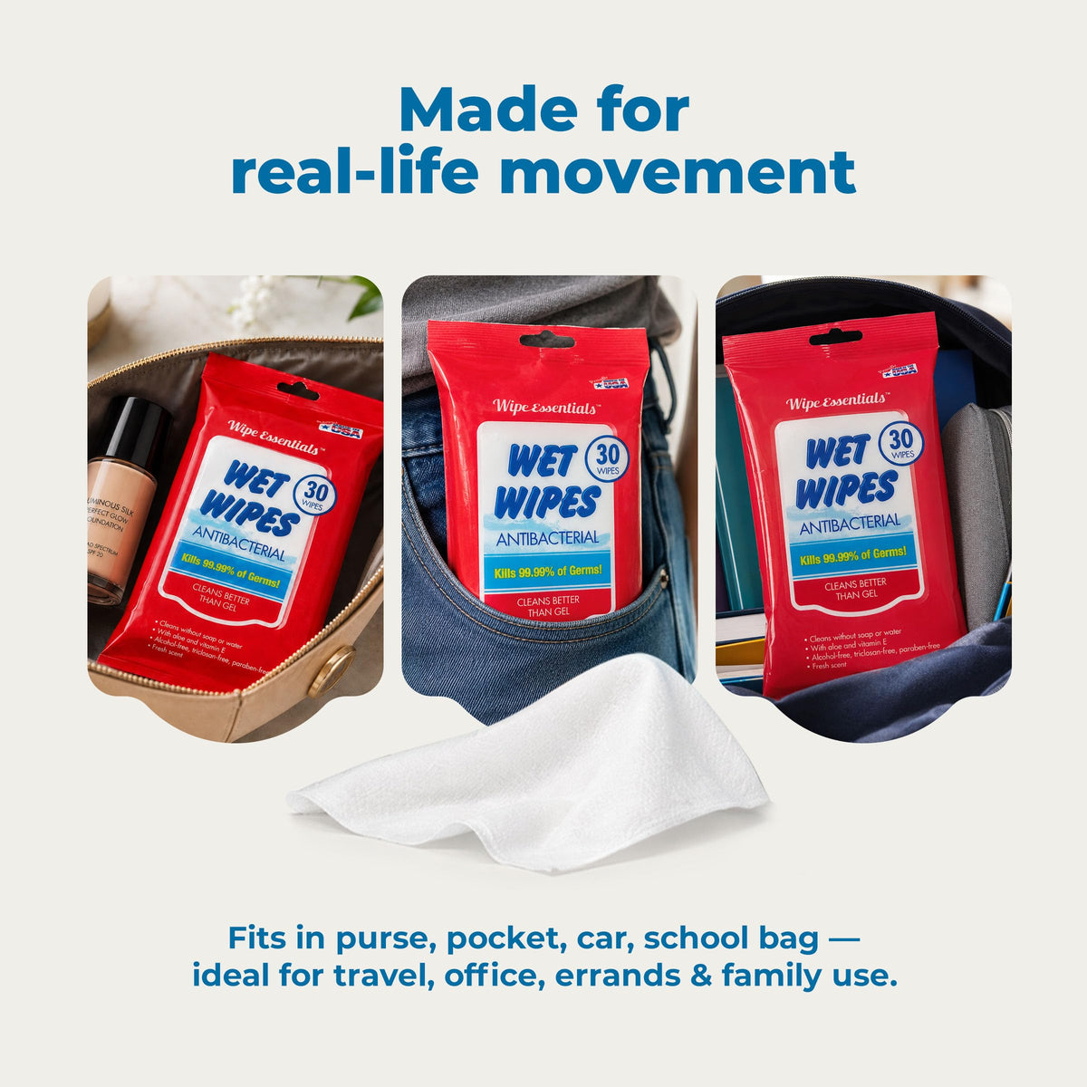 WipeEssentials Hand Sanitizer Wipes for Adults & Kids - 90 Count, 3 Packs