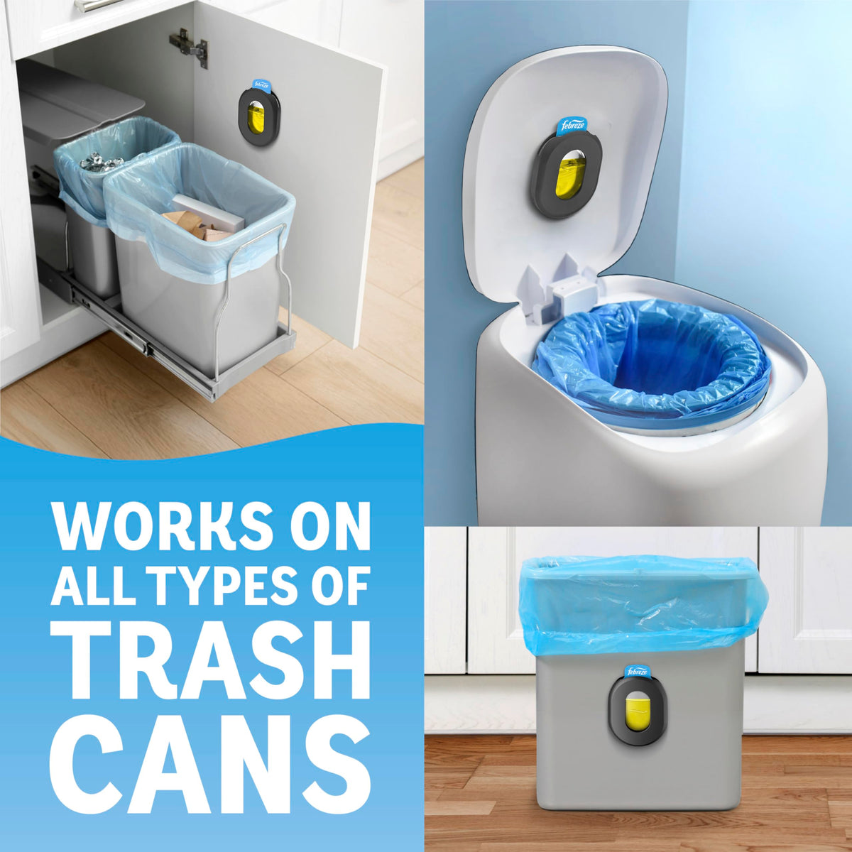 Febreze Odor Fighter, Can Air Freshener, Stick-On Deodorizer for Garbage Cans, Diaper Pails, Works with Scented Bags, Fresh Lemon and Linen & Sky Scents, 2 Holders + 2 Refills