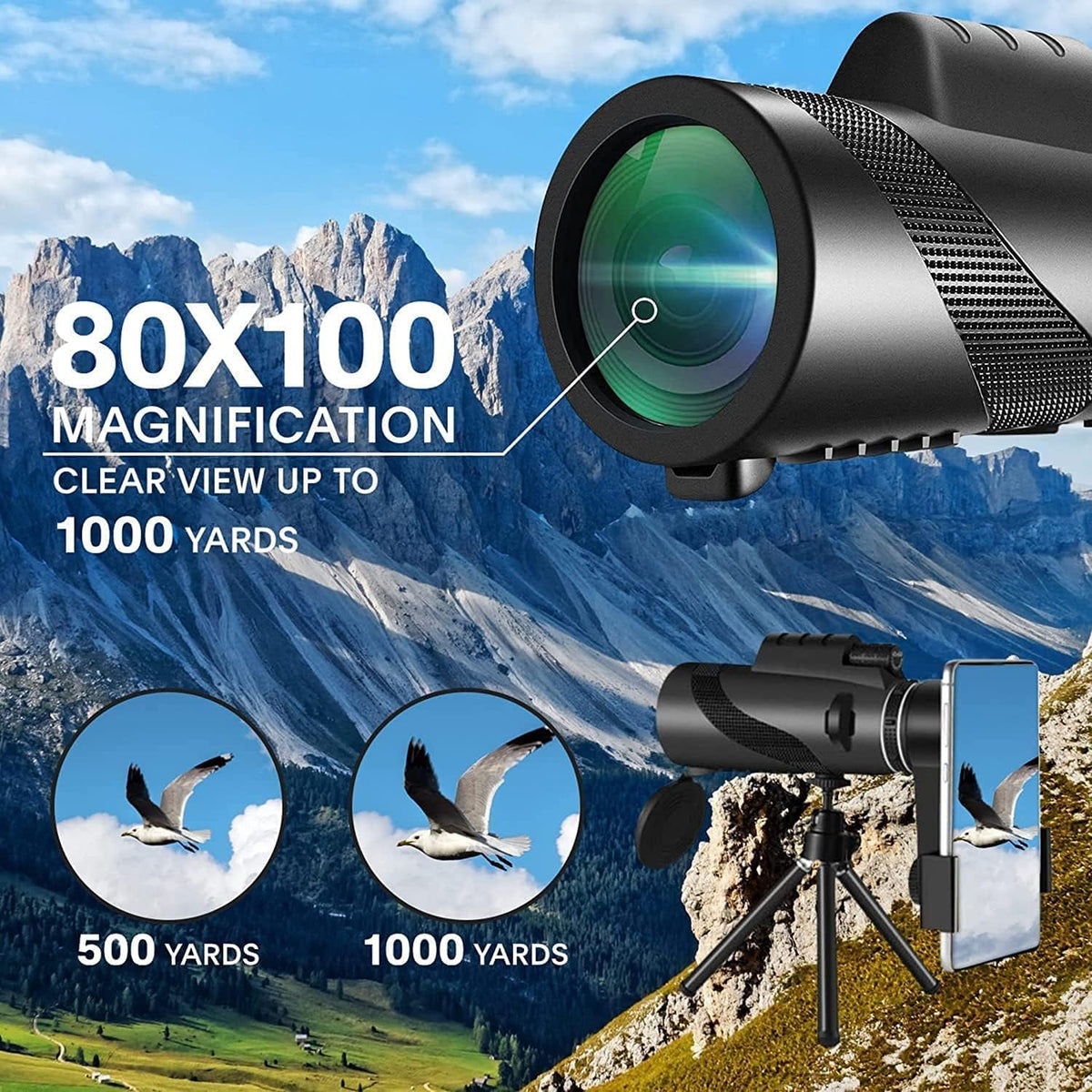 80x100 High‑Powered Monocular Telescope HD Portable Monocular for Adults with Phone Adapter Ideal for Bird Watching Wildlife Travel Camping Hiking‑Black