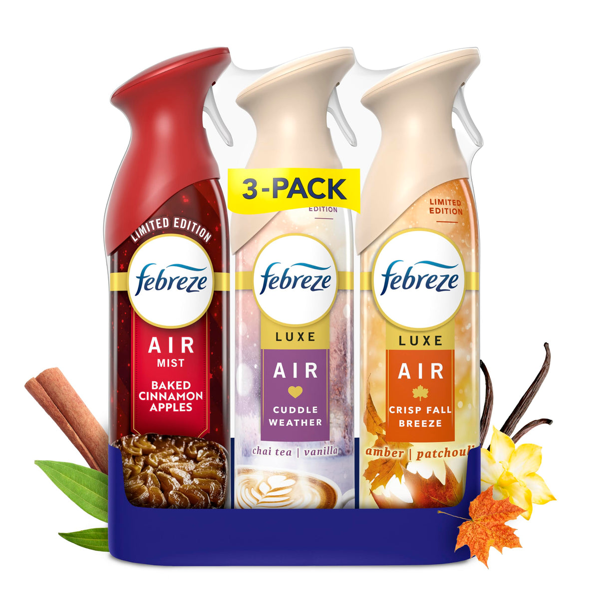 Febreze Odor-Fighting Air Freshener Spray, Room Spray, Crisp Fall Breeze, Cuddle Weather & Baked Cinnamon Apple Air Mist, 8.1 oz, 3ct