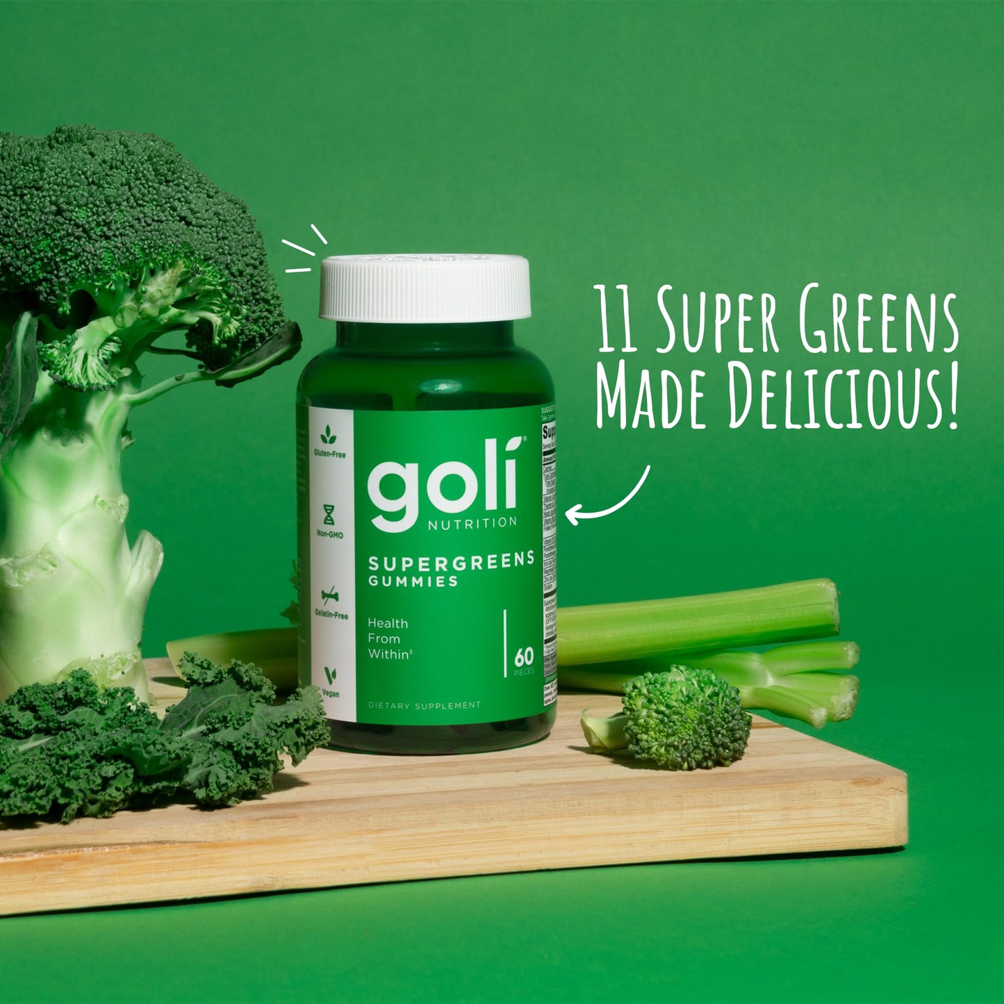 Goli SuperGreen Vitamin Gummy - 60 Count - Essential Vitamins and Minerals - Plant-Based, Vegan, Gluten-Free & Gelatin Free - Health from Within, Pack of 1