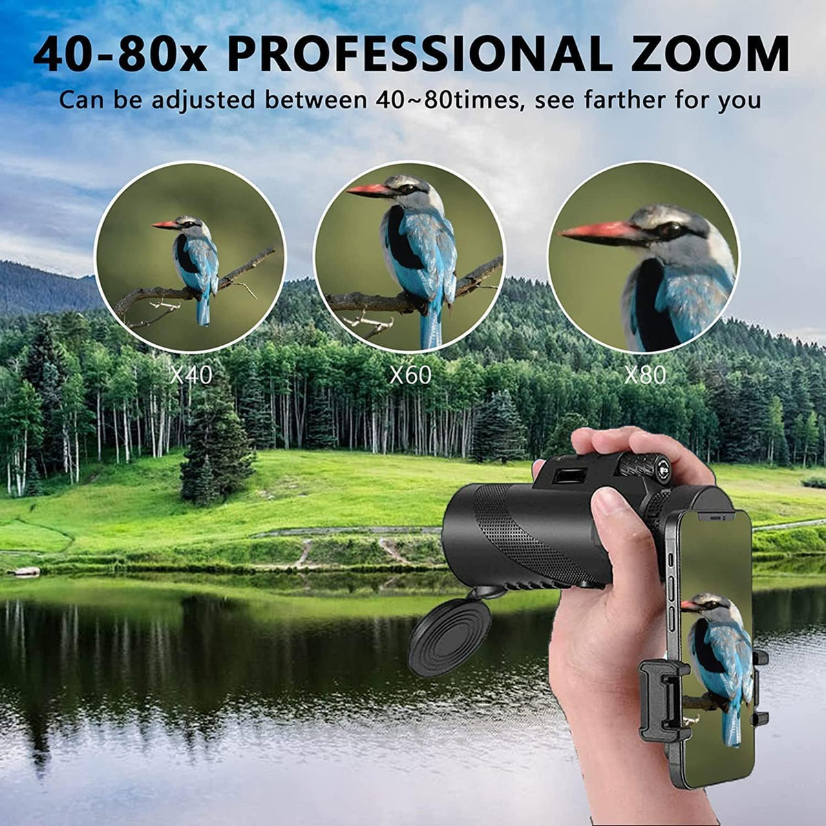 80x100 High‑Powered Monocular Telescope HD Portable Monocular for Adults with Phone Adapter Ideal for Bird Watching Wildlife Travel Camping Hiking‑Black