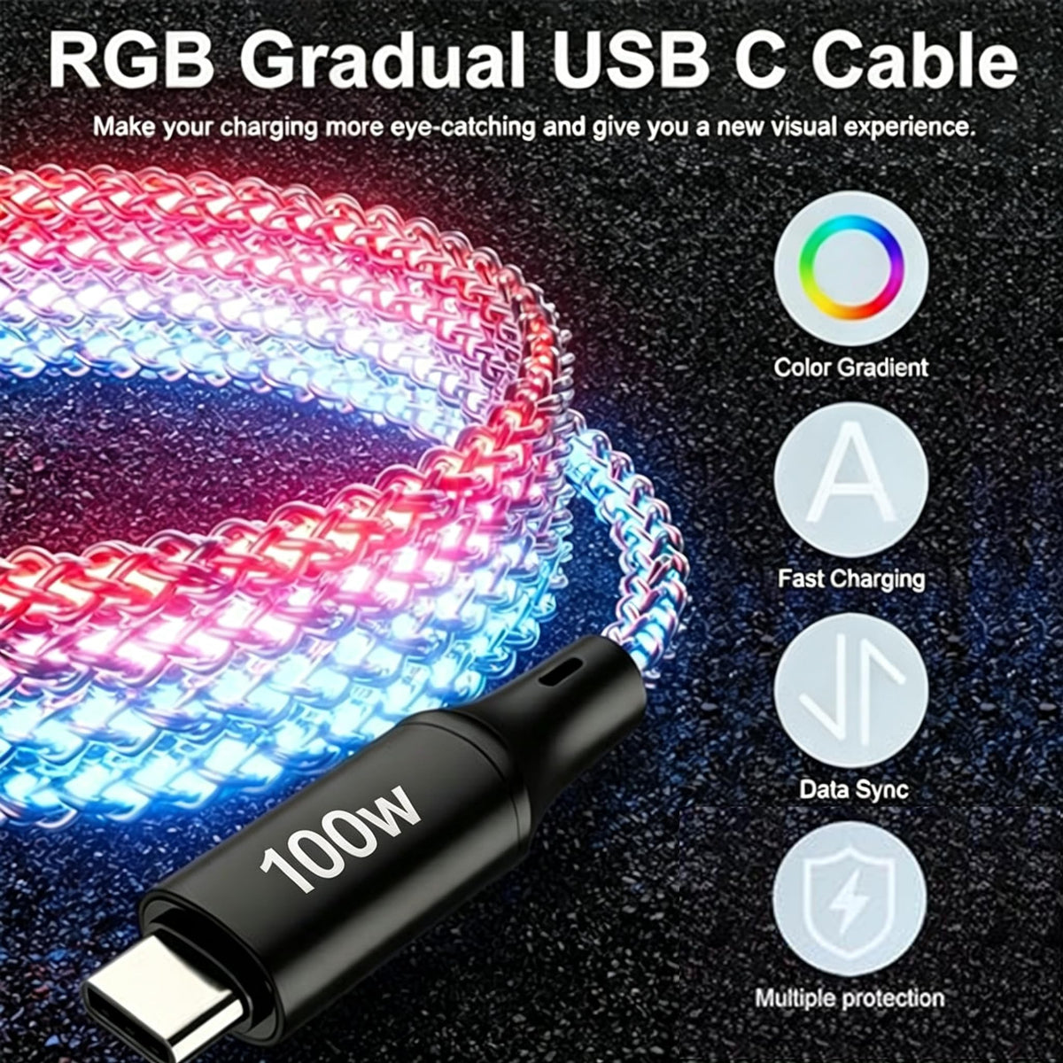 Wuucor 100W LED USB C to USB C Cable, Light Up RGB USB C Charging Cable,Fast Charging Cord for iPhone 15 Pro Max Plus, iPad mini Pro Air, MacBook and Galaxy Note Pixel etc (3.3FT)