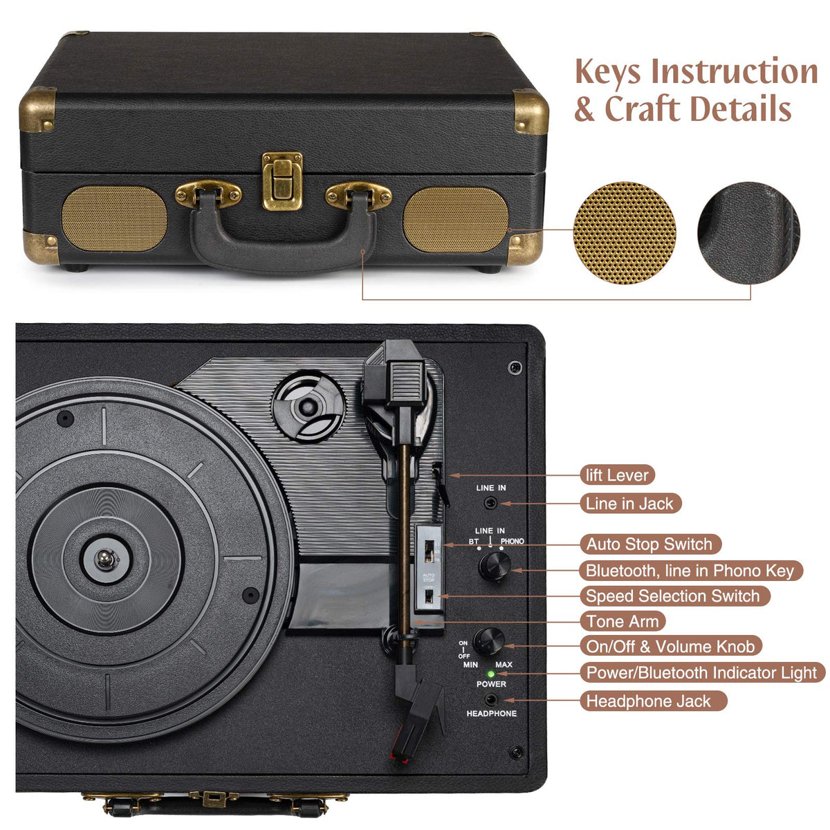 Retrolife® Vinyl Record Player with Speakers, Bluetooth Vinyl Player-Black