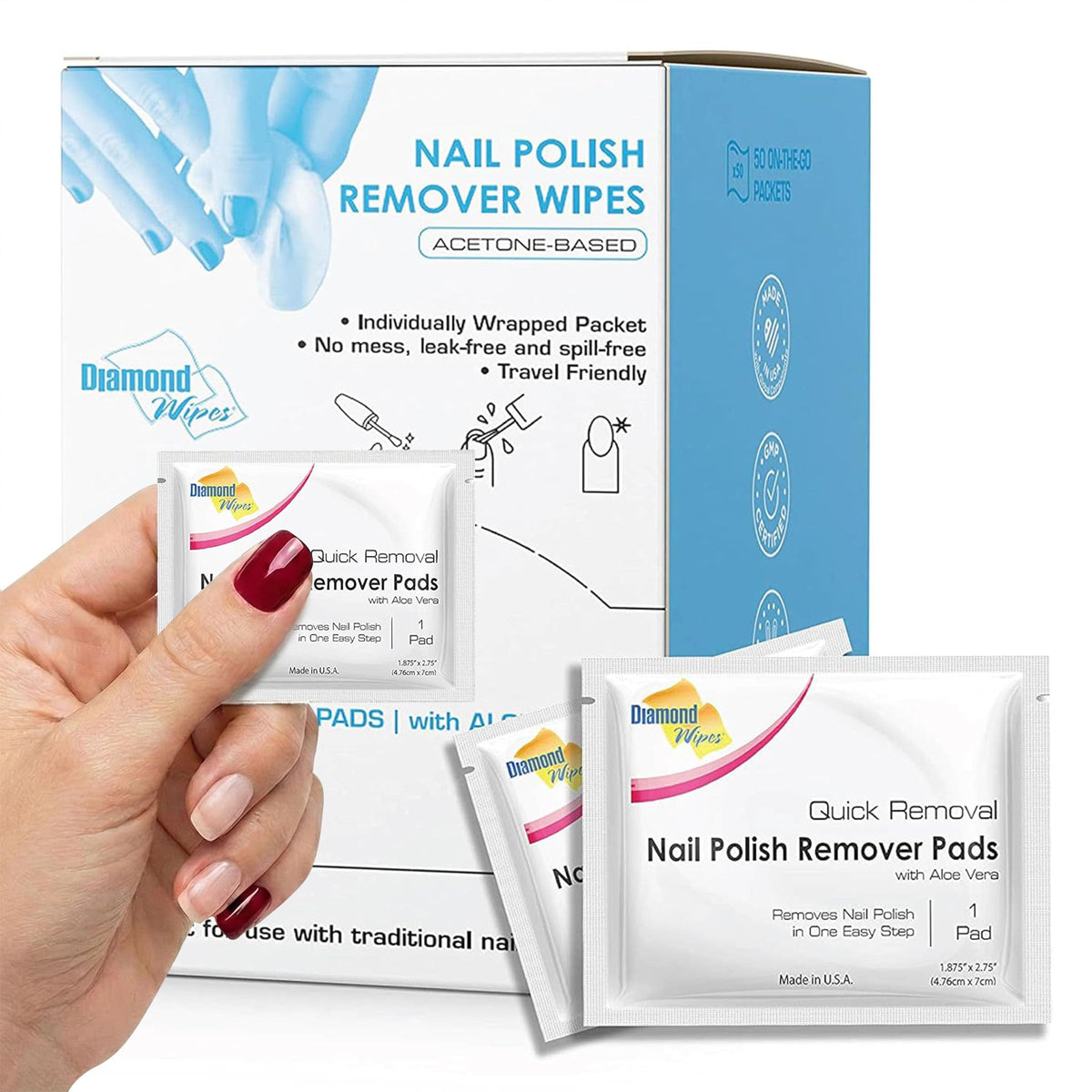 Diamond Wipes Nail Polish Remover Wipes, Aloe Vera Pads, 50 Count