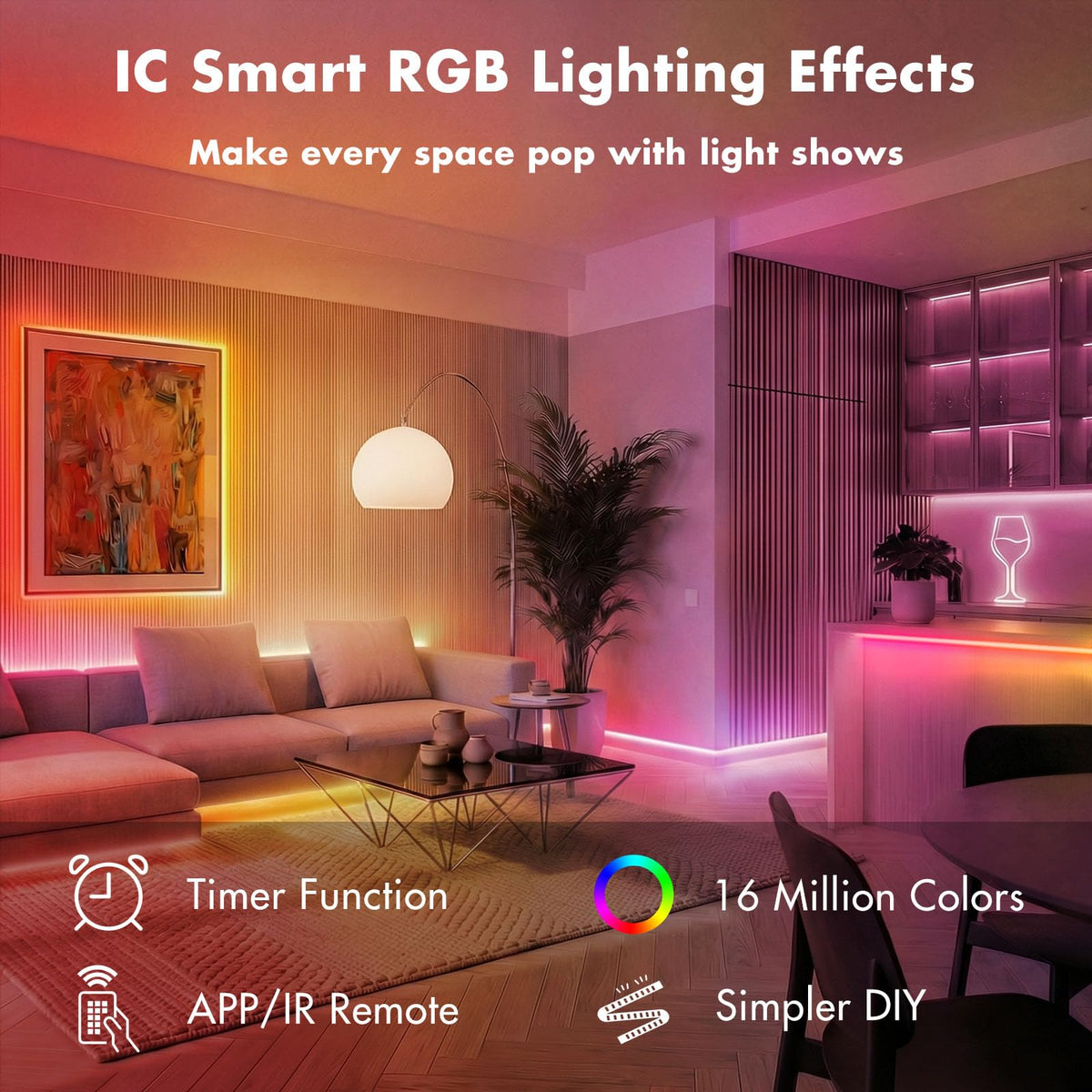 ERBTY LED Lights for Bedroom, 65.6FT IC RGB LED Strip Lights, Smart Control