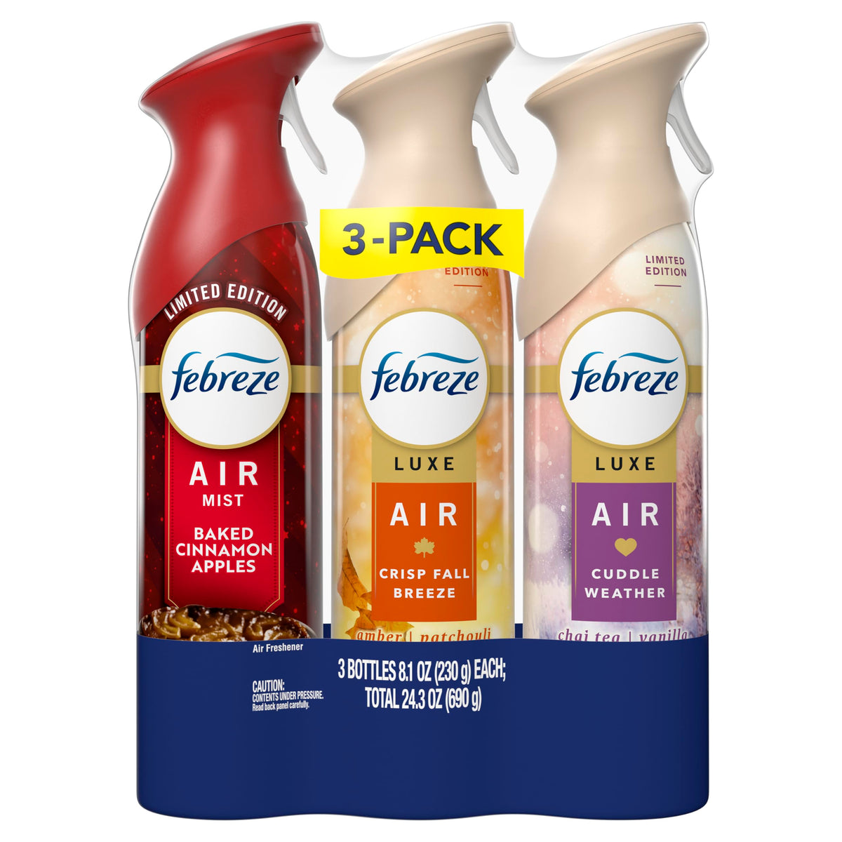 Febreze Odor-Fighting Air Freshener Spray, Room Spray, Crisp Fall Breeze, Cuddle Weather & Baked Cinnamon Apple Air Mist, 8.1 oz, 3ct