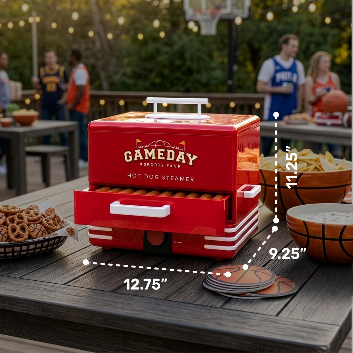 Nostalgia, Game Day Hot Dog Steamer and Bun Warmer, Fits 20 Dogs and 8 Buns, Steams Pot Stickers, Veggies, Potatoes, and Other Appetizers or Toppings