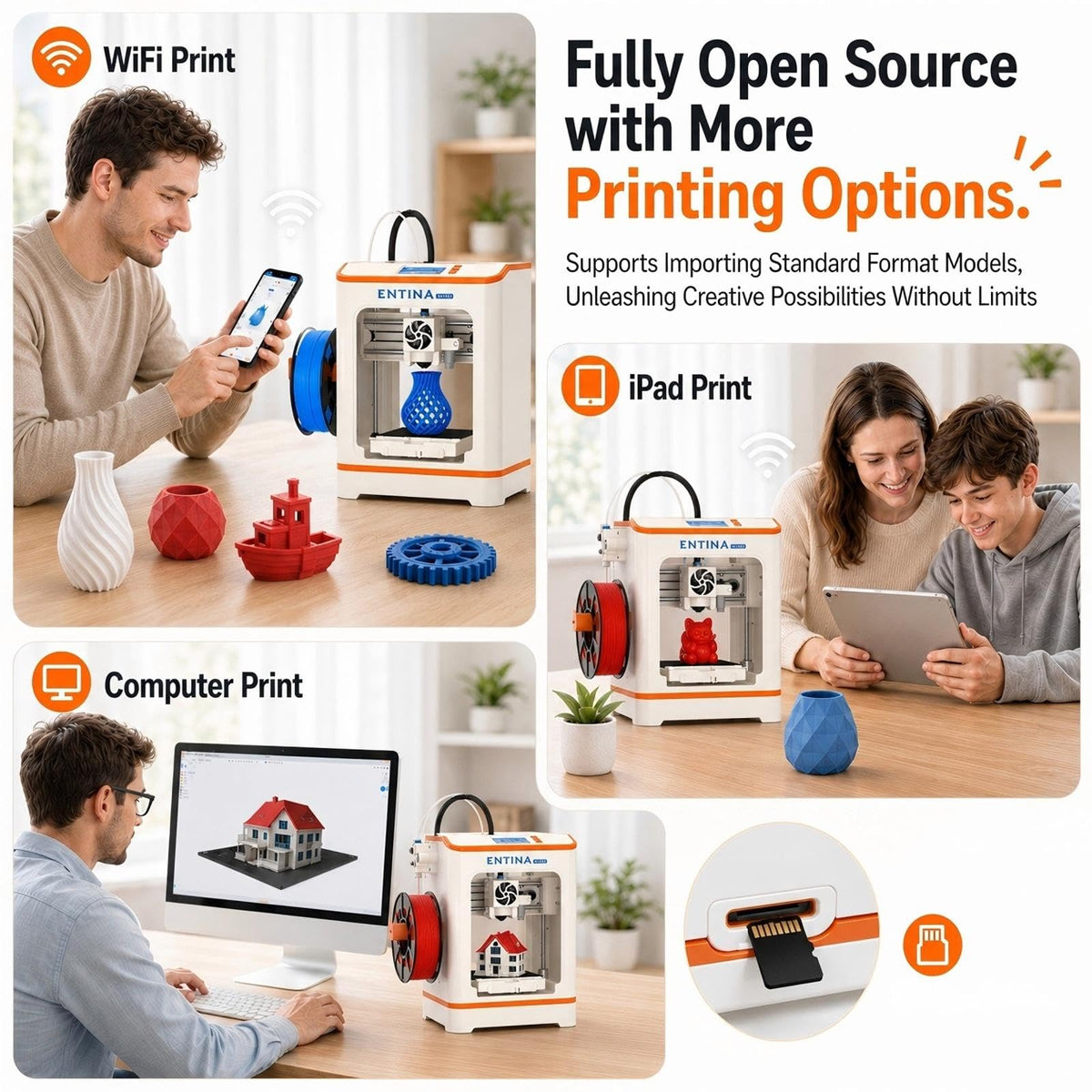 Entina Tina2C Mini 3D Printer Bundle for Kids & Beginners, Fully Assembled, Auto Leveling, Easy Setup, WiFi & App Control, 3500+ Models, 25+ DIY Modules, Includes 4-Color PLA Filament