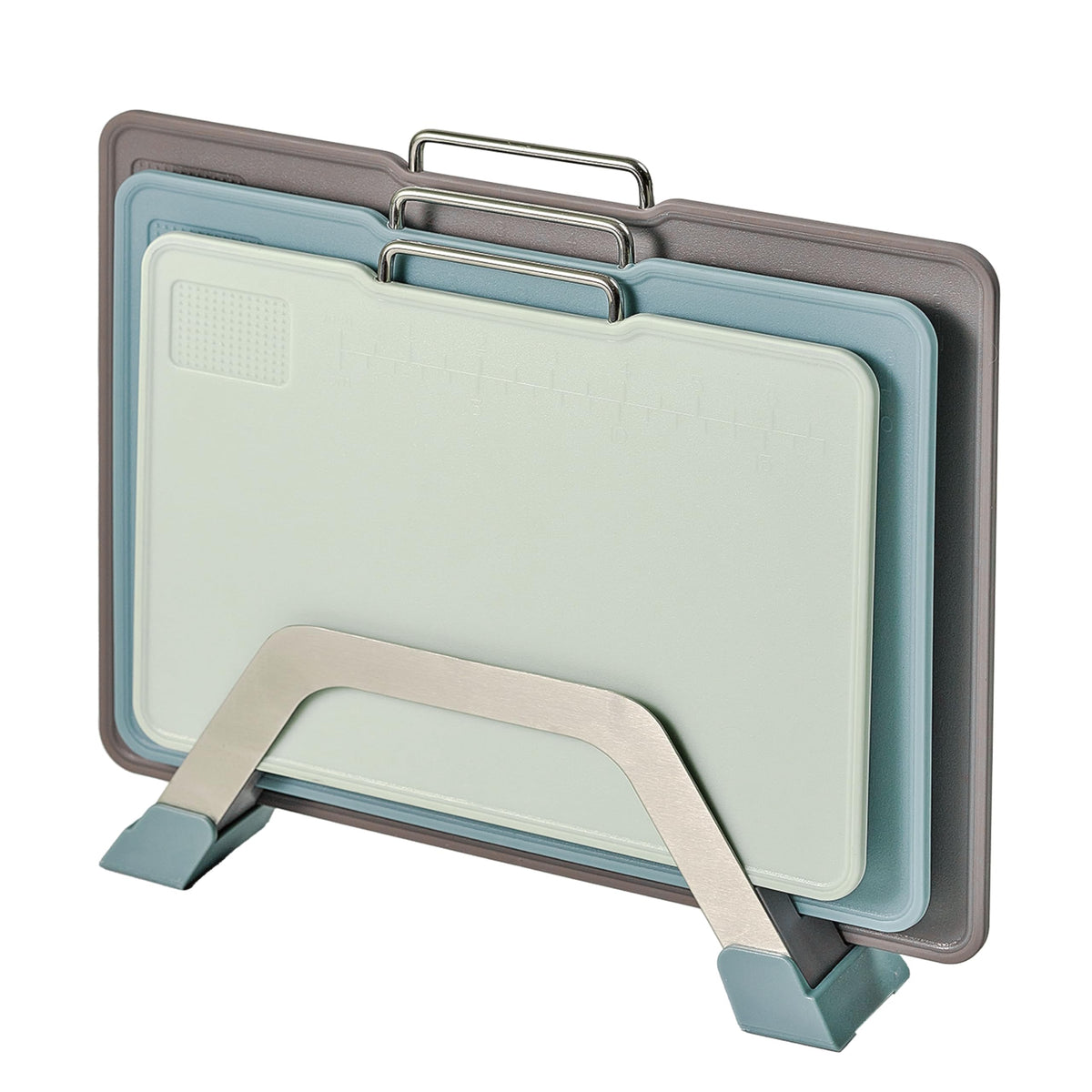 KOFRAND Plastic Cutting Boards with Grinding Area and Measurement, Cutting Boards for Kitchen Dishwasher Safe, Set of 3 with Holder, Non-Slip Design, Stainless Steel Handle, Blue