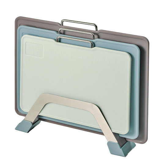 KOFRAND Plastic Cutting Boards with Grinding Area and Measurement, Cutting Boards for Kitchen Dishwasher Safe, Set of 3 with Holder, Non-Slip Design, Stainless Steel Handle, Blue