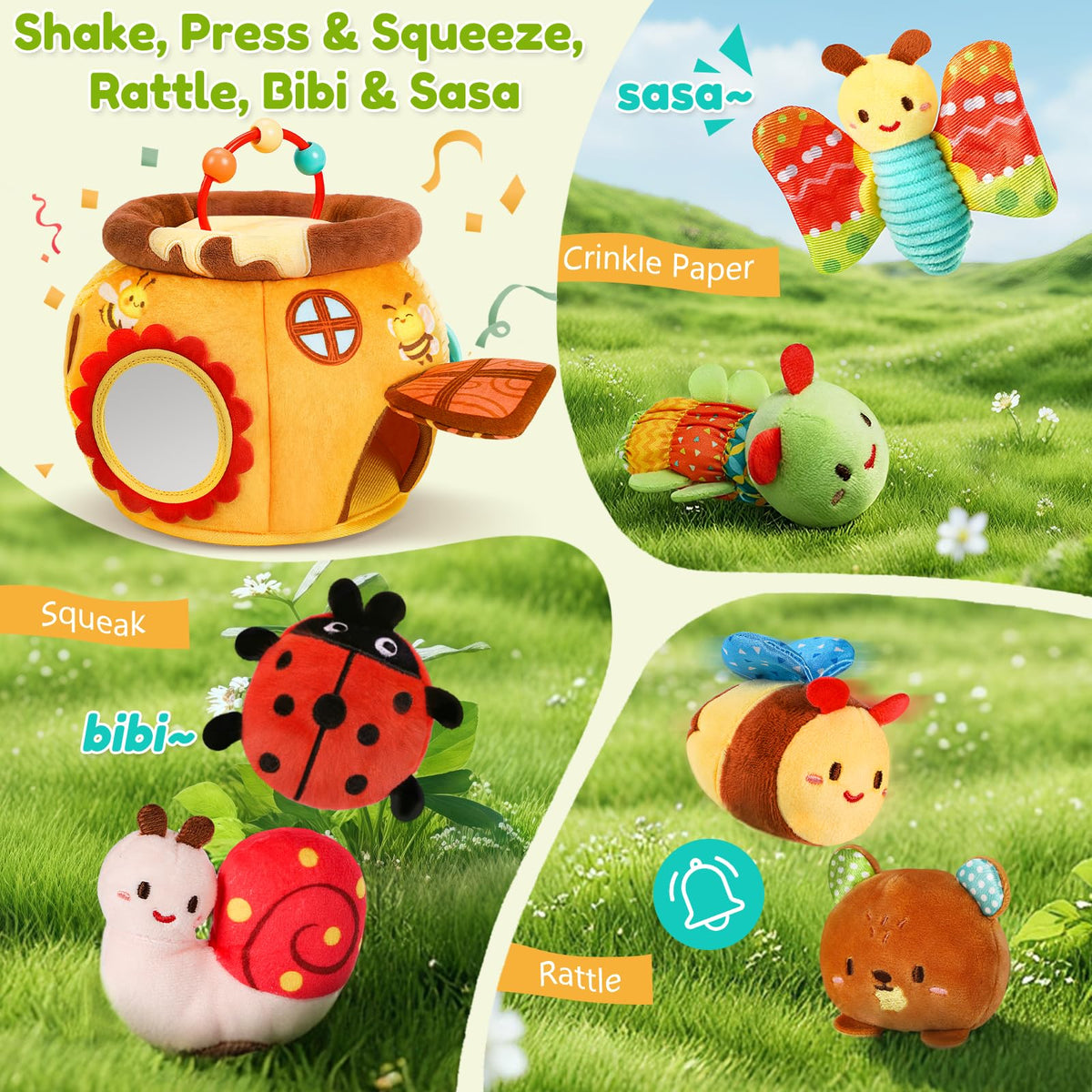 Baby Sensory Toy for 6-12 Months, Soft Honey Jar with 6 Stuffed Animal Toys